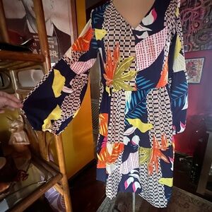 Printed V-Neck Tiered Midi Dress in Navy with Bright Floral Patchwork